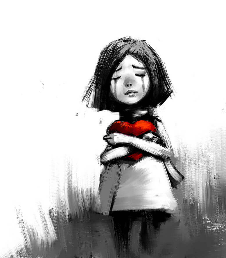 A crying child with a red heart